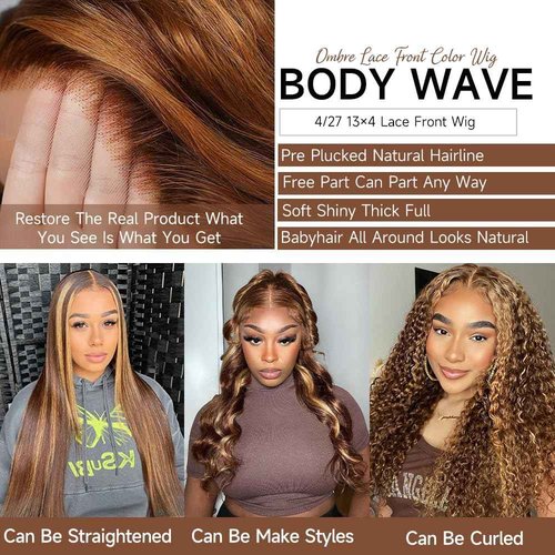Goldfinch 4/27 Highlight Ombre Lace Front Wigs Human Hair 28 Inch 13x4 HD Transparent Body Wave Honey Blonde Wigs Human Hair 180% Density Pre Plucked Glueless Wigs for Women
