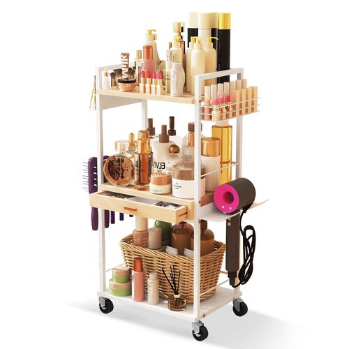 Makeup Organizer Cart with Wooden Drawer, 2-in-1 Floor Skincare Organizers with Jewelry Storage, 16.5'' L x 11.8'' W x 34.2'' H Large Make Up Organizers Vanity Organizer for Skin Care Hair Tool