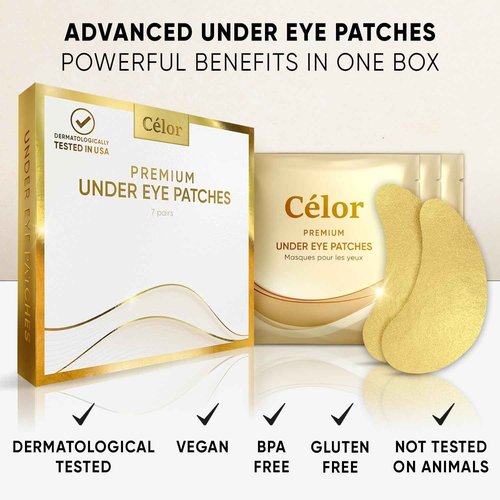 CÉLOR Under Eye Patches Premium - Golden Under Eye Mask Enriched with Hyaluronic Acid, Caffeine, Tea Tree & Collagen, Under Eye Patches for Puffy Eyes, Dark Circles and Puffiness (21 Pairs)