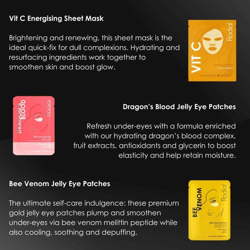 Rodial At Home Facial Edit, Snake Oxygenating & Cleansing Bubble Mask, Pink Diamond Lifting Face Mask, Vit C Energising Face Mask, Dragon’s Blood Jelly Eye Patches, Bee Venom Jelly Eye Patches