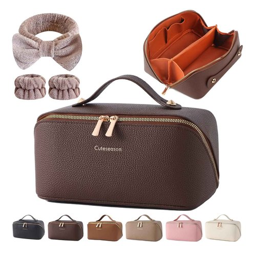 Cuteseason Makeup Bag, Travel Toiletry Bag for Women, Large Capacity Waterproof PU Leather Cosmetic Bags Make Up Organizer Bags with Headband and Wristband Set (Brown, Lychee Pattern)