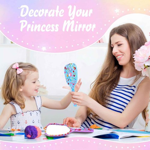 IWOLOMI 16 Pcs Small Handheld Hand Mirror with Handle Mini Handheld Princess Mirror with Gems Stickers for DIY Crafts Travel Makeup Classroom Camping Daily Quinceanera Party Favors 3. 15 x 7. 09 Inch