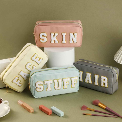 Cunno 4 Pcs Preppy Makeup Bags Chenille Letter Stuff Bag Nylon Cosmetic Pouch Cases with Zipper for Women Travel Toiletry(Cream Color,Soft)