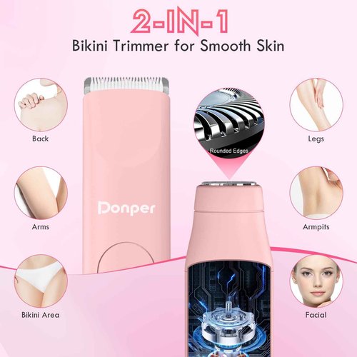 Donper Bikini Trimmer for Women, 2 in 1 Electric Razors for Shower&Travel, IPX7 Waterproof Pubic Hair Remover for Underarm, Legs & Bikini Area, Painless Razor,Hypoallergenic Foil & Ceramic Blades