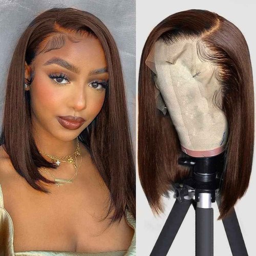 SEXAY Brown Bob Wig Human Hair 13x4 HD Lace Front Wig 100% Unprocessed Brazilian Virgin Human Hair #4 Bob Wigs Pre Plucked Natural Hairline with Baby Hair Brown Color Bob for Women(14")