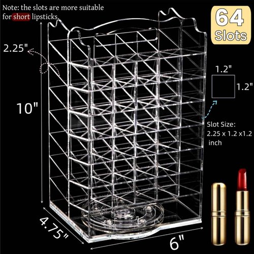 Tlence 64 Slots Rotating Lipstick Organizer, Acrylic Spinning Lipgloss Tower Holder, Clear Rotable Lip Gloss Organizer Case, Lip Stick Display Rack Stand, Cosmetic Makeup Accessories for Lip Balm