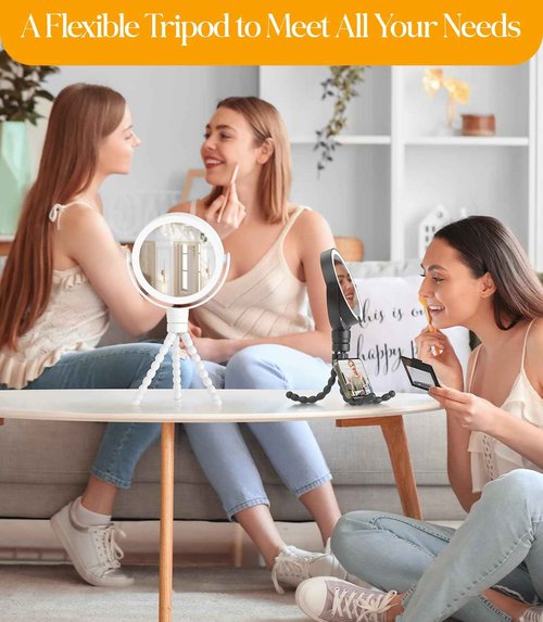 Gospire 5.85” Tripod Travel Makeup Mirror with Lights and Magnification 1X/10X, 4 in 1 Winding Hanging Handheld Tabletop, 3 Light Colors and Adjustable Brightness – Black
