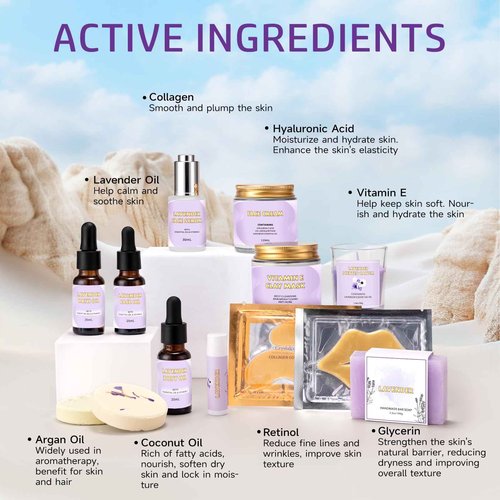 Facial Skin Care Set & Spa Kit, Lavender Spa Gifts for Women, Body & Facial Relaxation Kit, Mothers Day Gift Ideas, Self Care Gifts Birthday Christmas Gifts Includes Face Cream Oil Shower Accessories