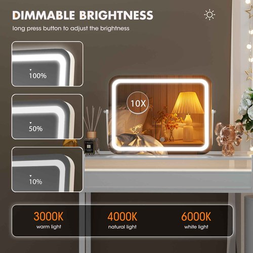 Hasipu Vanity Mirror with Lights, 16" x 12" LED Makeup Mirror, 3 Modes Light, Smart Touch Control Dimmable, 360°Rotation, Rectangle White Frame, with 5X Magnifying Glass