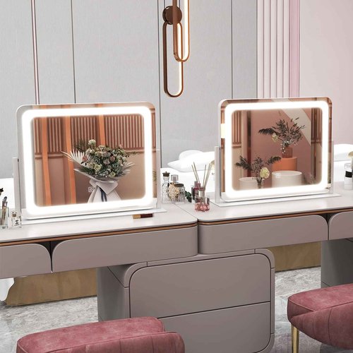 ROLOVE 22x17 Inch Lighted Vanity Mirror with Dimmable LED Lights - 3 Color Modes, Smart Touch Control & 360° Rotating Base - Desk Makeup Mirror (White)