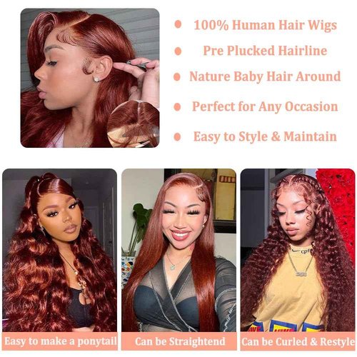 KINSTAR 13x6 Reddish Brown Lace Front Wigs Human Hair HD Lace Front Wigs Human Hair 180 Density Body Wave Frontal Wigs Human Hair with Baby Hair Colored Glueless Wigs 14Inch
