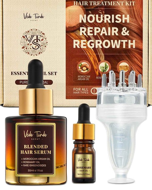 VEDA TINDA SCENT Hair Serum Applicator & Rosemary Oil & Moroccan Argan Oil, Scalp Massager for Hair Growth, Scalp Care Essential Oil Set for Men and Women