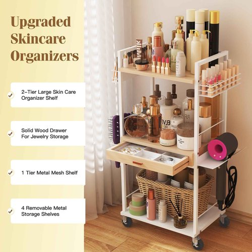 Makeup Organizer Cart with Wooden Drawer, 2-in-1 Floor Skincare Organizers with Jewelry Storage, 16.5'' L x 11.8'' W x 34.2'' H Large Make Up Organizers Vanity Organizer for Skin Care Hair Tool