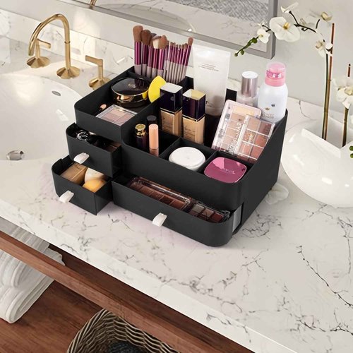 Makeup Organizer for Vanity, Large Countertop Organizer with Drawers, Cosmetics Storage for Skin Care, Brushes, Eyeshadow, Lotions, Lipstick,Nail Polish.Great for Dresser, Bathroom, Bedroom, Black