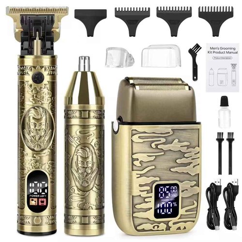 Electric Foil Shaver for Men, T-Blade Beard Trimmer Razor Nose Hair Trimmer Set, Cordless Rechargeable Beard Trimmers Professional Hair Clippers Kit with LCD, Gifts for Men Him Dad Fathers Day