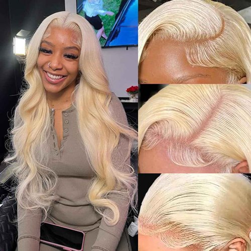 GOMOST Blonde Lace Front Wig - Human Hair, 13x4 Inches, 24 Inches Long, Body Wave, 180% Density, Pre-Plucked, Glueless, 613 Frontal