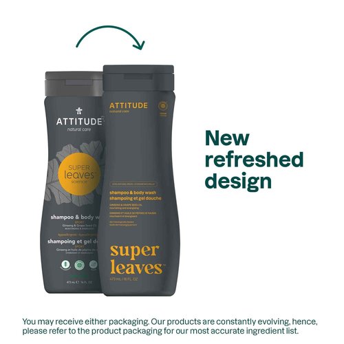 ATTITUDE 2-in-1 Body Wash and Hair Shampoo, EWG Verified Shower Gel, Dermatologically Tested, Made with Naturally Derived Ingredients, Vegan Personal Care, Ginseng and Grapeseed Oil, 16 Fl Oz