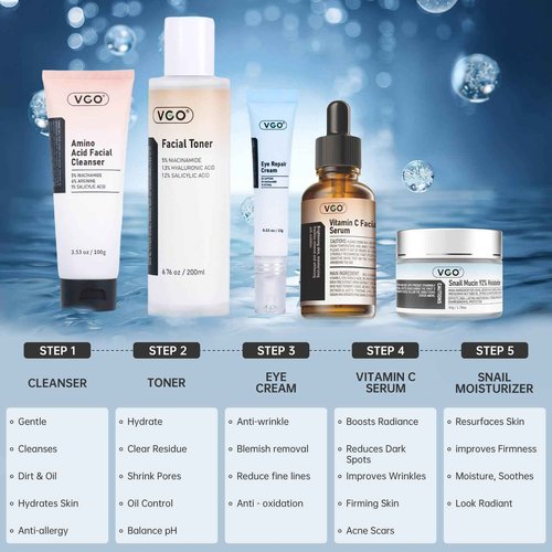 VGO Skin Care Set, Anti-Aging Moisturizing Repairing Soothing Snail Mucin Facial Skin Care Routine Kit for Dry Sensitive Dull Skin, 13.58 Fl Oz