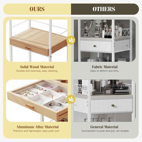 Makeup Organizer Cart with Wooden Drawer, 2-in-1 Floor Skincare Organizers with Jewelry Storage, 16.5'' L x 11.8'' W x 34.2'' H Large Make Up Organizers Vanity Organizer for Skin Care Hair Tool