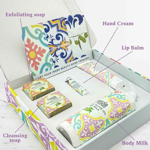 Olive Oil Body Essentials Kit by Garcia de la Cruz Extra Virgin Olive Oil Infused Skin Care Gift Set includes Body Milk, Lip Balm, Hand Cream, and 2 Soaps