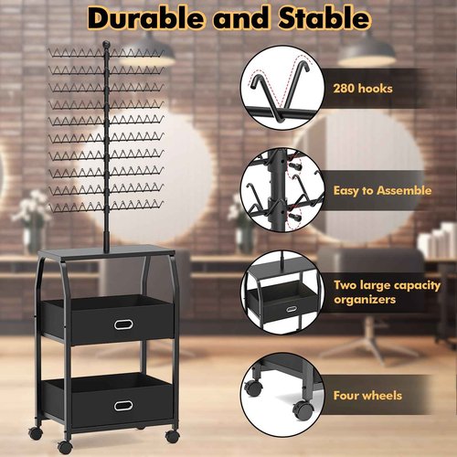 XINTUO Portable Braiding Hair Rack with Wheels & Storage Drawers,280 Pegs Hair Extension Holder Hanger for Braiding Hair Separator Stand Display,Hair Rack with Stylist Hair braiding Tools(Black)