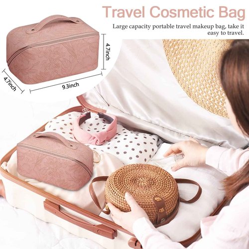 GOLDORANGE Floral Travel Cosmetic Bag Large Capacity Makeup Bag with Compartment and Handle Waterproof PU Leather Portable Flower Everything Cosmetic Bag, Pink
