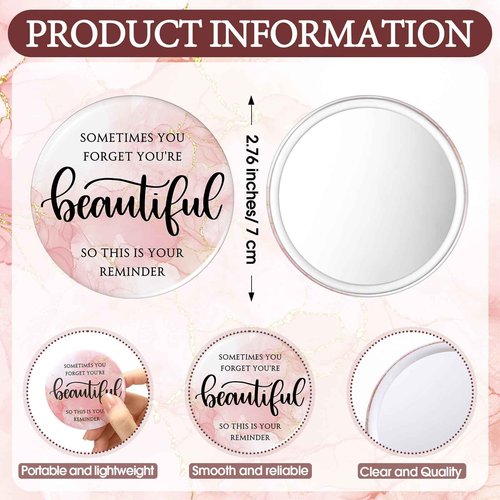 Cinnvoice 50 Pcs Inspirational Mini Compact Mirror Bulk for Women Christmas Pink Pocket Gifts Portable Round Purse Mirrors Thank You Reminder Gift for Coworker Employee Staff Nurse