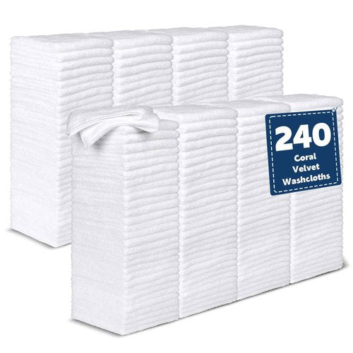 TEAWOO Coral Velvet Washcloths Bulk -240 Pack, Highly Absorbent and Soft White Face Towels, Multi-Purpose Washcloths and Hand Towels for Bathroom, Hotel, Spa and Gym, 12 x 12 inches