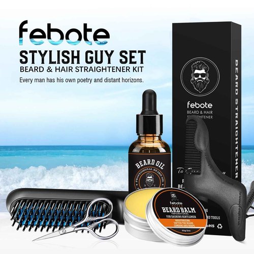 FEBOTE Innovation Blue Beard Straightener Kit w, Beard Balm, Beard Growth Oil, Beard Styling Comb & Scissors, Upgraded 5-in-1 Beard Set, Unique Stocking Stuffer Gifts for Friend, Father & Him