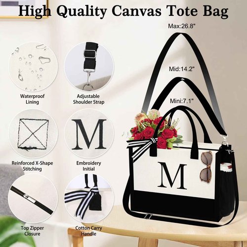 YOOLIFE Birthday Gifts for Sister - Initial Canvas Tote Bag & Makeup Bag, Letter D