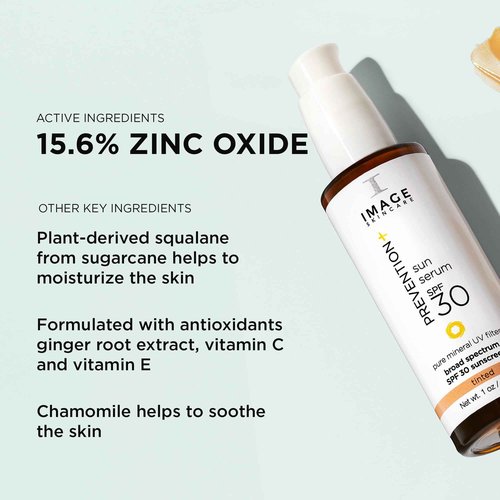 IMAGE Skincare, PREVENTION+ Sun Serum SPF 30 Mineral Sunscreen for Face, Non Comedogenic, Wear Under Makeup, Perfect Travel Size, Tinted 1.0 oz