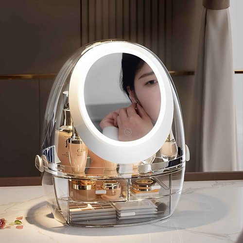 Sooyee Clear Makeup Organizer,Bathroom Counter Organizer, Modern Jewelry and Cosmetic Display Cases with Led Lighted Mirror,Make Up Organizer Stands for Bathroom, Dresser, Vanity Countertop