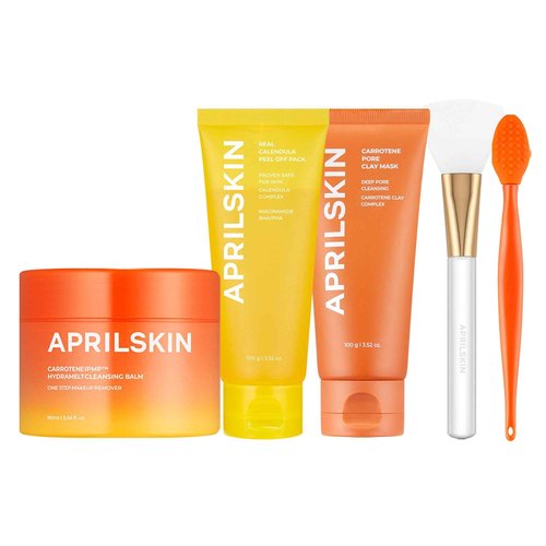 APRILSKIN Pore-fect skincare set: Carrotene IPMP™ Hydromelt Cleansing Balm, Calendula Flower-Infused Facial Peel Off Mask, Carrotene IPMP 3-Min Quick Dry Pore Caring Clay Mask with Brush