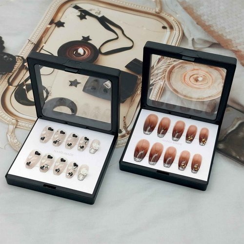 GUXACU Press On Nail Packaging Boxes 3D Floating Press On Nail Storage Box Nail Display Box with 60pcs Double Sided Adhesive Nail Display Tape for Nail Tech (Black, 3.5 inch)