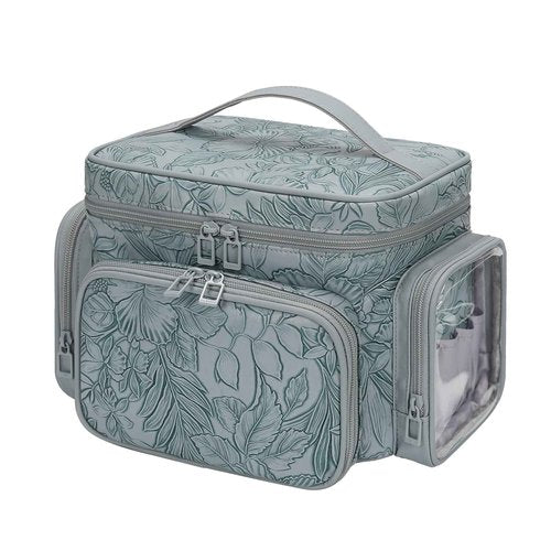 Large Makeup Bag, Portable Travel Makeup Bag Organizer for Women Girls with Makeup Brush Compartment & Two Side Pockets, Cosmetic Travel Bag Vertical Storage Toiletry - Floral Blue