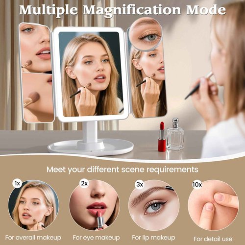 Lupow Makeup Mirror Vanity Mirror with 3 Lighting and Adjustable Brightness,Detachable Height-Adjustable Dresser Mount,2X,3X,10X Magnification,Suitable for Bathrooms,Vanity,Ideal Gifts for Women
