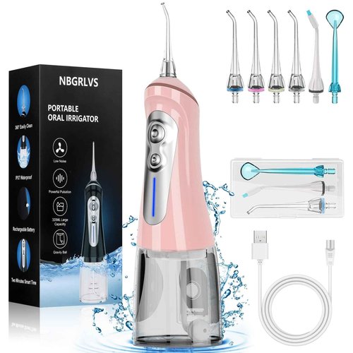 NBGRLVS Water Dental Picks for Teeth Cleaning,6 Modes 6 Tips and Storage Case Water Dental Flossers Cordless 320ML IPX 7 Waterproof Rechargeable Portable Electric Dental flosser for Trave Home (Pink)