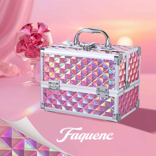 Faquenc Makeup Case with Lighted Mirror Travel Makeup Organizer Box 2 Trays Lockable Cosmetic Train Case with Movable LED Mirror for Girls Make Up Nail Kits Sewing Vanity Storage Case Shiny Pink