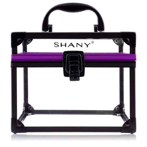 SHANY Clear Cosmetics and Toiletry Train Case - Clear Travel Makeup Bag Case Organizer with Secure Closure and Black/Purple Accents - 3PC Set