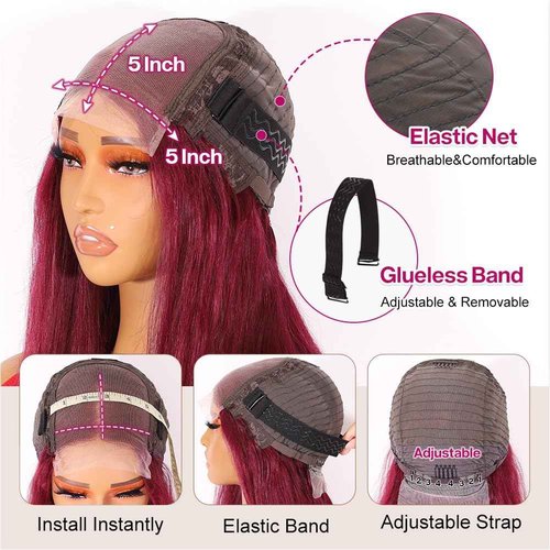 Ailwelia Wear and Go Glueless Bob Wig Human Hair 200% Density 5x5 HD Lace Closure Wigs For Black Women Glueless 5x5 Closure Wigs Human Hair Pre Plucked Bob Burgundy Color 14 Inch
