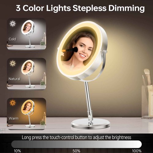Erlingeryi 7” Magnifying Mirror with Lights,1X/10X Double Sided Lighted Makeup Mirror with Magnification, Rechargeable Battery, Dimmable, 3 Lighting Colors, Chrome