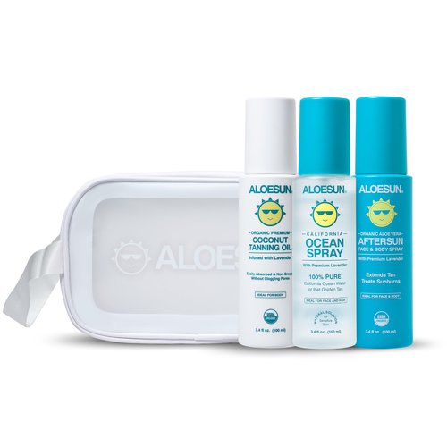 ALOESUN Organic Tanning Travel Size Bundle - Including Organic Coconut Tanning Oil, Ocean Spray, Organic AFTERSUN Spray, and Beach Bag