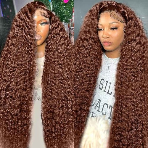 ghotool 250% Density Mongolian Curly Lace Front Wigs Human Hair 13x6 Auburn Brown HD Transparent Lace Front Wigs Human Hair for Women Chocolate Deep Curly Lace Front Wigs Human Hair