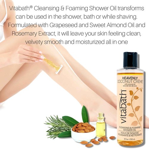 Vitabath Heavenly Coconut Creme Cleansing & Foaming Shower Oil Alluring Nourishing Body Wash & Hydrate - Daily Essential Dry Skin Quench for Women & Men - 8 fl oz
