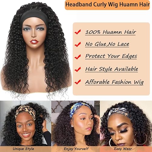 Hair Curly Wigs for Black Women 20 inch Wigs Human Hair Glueless Wear and Go None Lace Front Wig Headband Wigs Machine Made 150% Density Natural Color