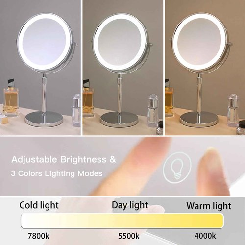 HIEEY Lighted Makeup Mirror with Magnification, 1x/10x Rechargeable 8" Lighted Mirror, 360° Rotation Touch Screen Vanity Mirror, Three Color Lighting Modes, Height Adjustable (Gift Box)