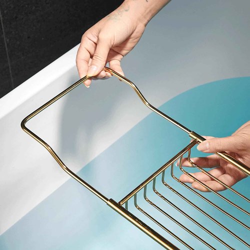 GIYDNEI Stainless Steel Bathtub Caddy Tray, Expandable Bathtub Holder Table, Adjustable Bathroom Tray, Bath Organizer Tub Shelf,Gold,26.8~35.4in