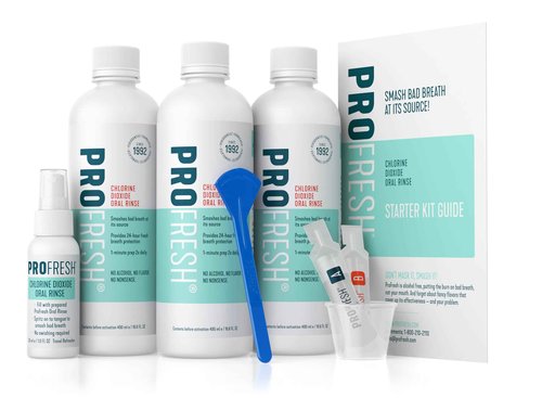 ProFresh Fresh Breath System Starter Kit, Oral Rinse 16.9 Ounce Bottle (Pack of 3) with Prep Packs & Tongue Cleaner, Alcohol Free, Flavor Free