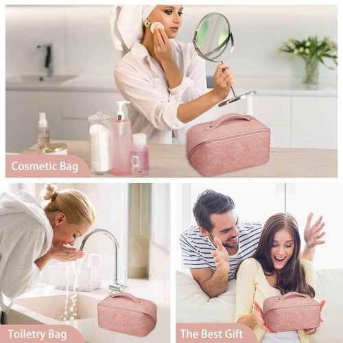 GOLDORANGE Floral Travel Cosmetic Bag Large Capacity Makeup Bag with Compartment and Handle Waterproof PU Leather Portable Flower Everything Cosmetic Bag, Pink