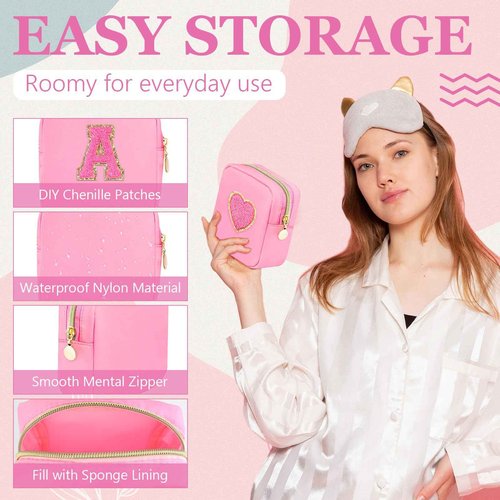 Giesiery Bulk 16 Pcs Preppy Makeup Bags Pink Nylon DIY Craft Zipper Pouch for Bridal/Proposal Gifts, Travel Toiletry Organizer